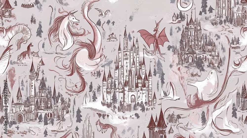 A whimsical illustration of a magical world, featuring castles, dragons, and unicorns against a soft pink background. A whimsical illustration of a magical world, featuring castles, dragons, and unicorns against a soft pink background.