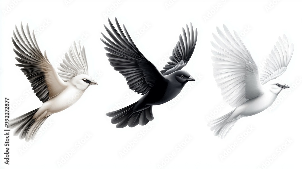 Fototapeta premium Three birds flying in the sky, one white, one black, and one gray