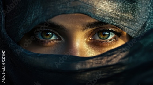 A dramatic shot of eyes peering through a veil or fabric, creating a sense of mystery and intrigue