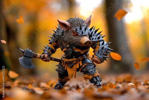 A ferocious boar warrior with spiked armor and a double-headed axe, charging through an autumn forest battleground photo