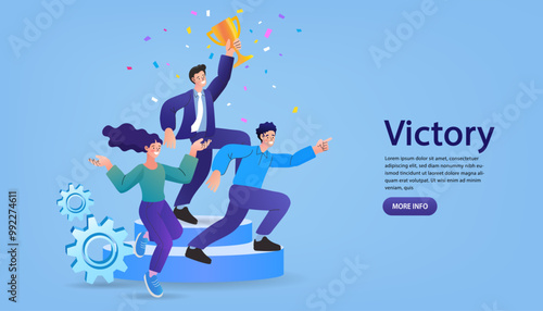 Team victory and business success concept. A happy team celebrates with a trophy on a podium, with gears representing the process and a man pointing to the future, symbolizing a winning strategy.