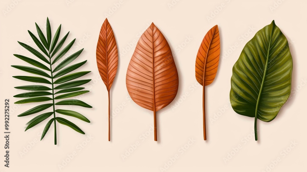 Obraz premium A row of five different colored leaves, including green, orange, and brown