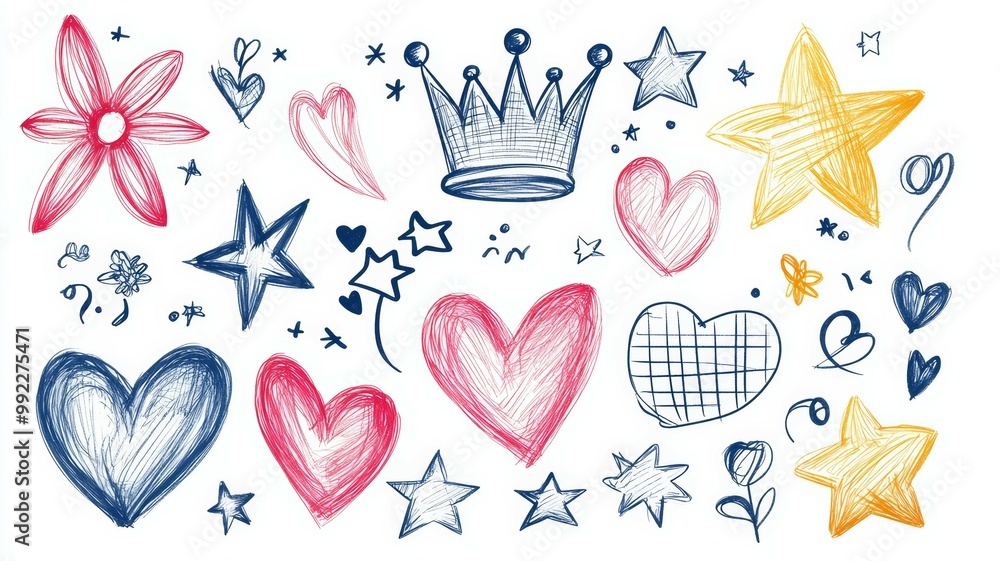 Fototapeta premium A drawing of hearts, stars, and a crown