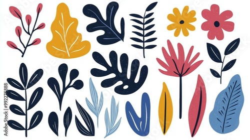 A collection of colorful leaves and flowers are arranged in a row