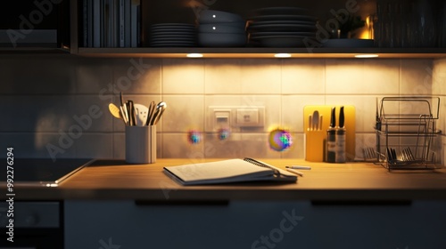 A serene kitchen environment featuring a notebook on the counter and a stylish dish rack, with soft lighting creating a cozy vibe.