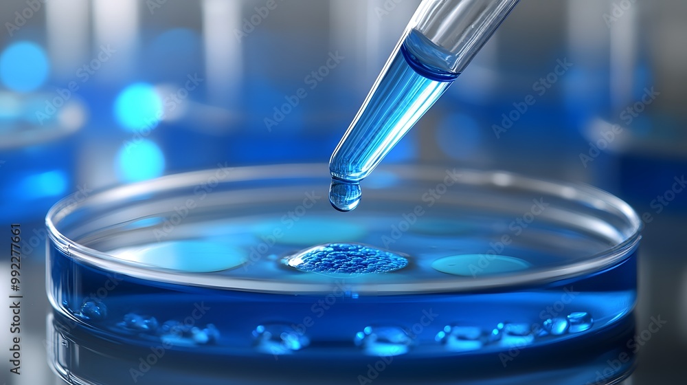 A Droplet of Blue Liquid Falling into a Petri Dish A Droplet of Blue Liquid Falling into a Petri Dish