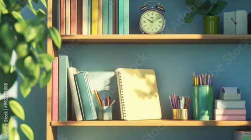 A s notebook placed on a study shelf, with textbooks, stationery, and a small clock nearby. photo