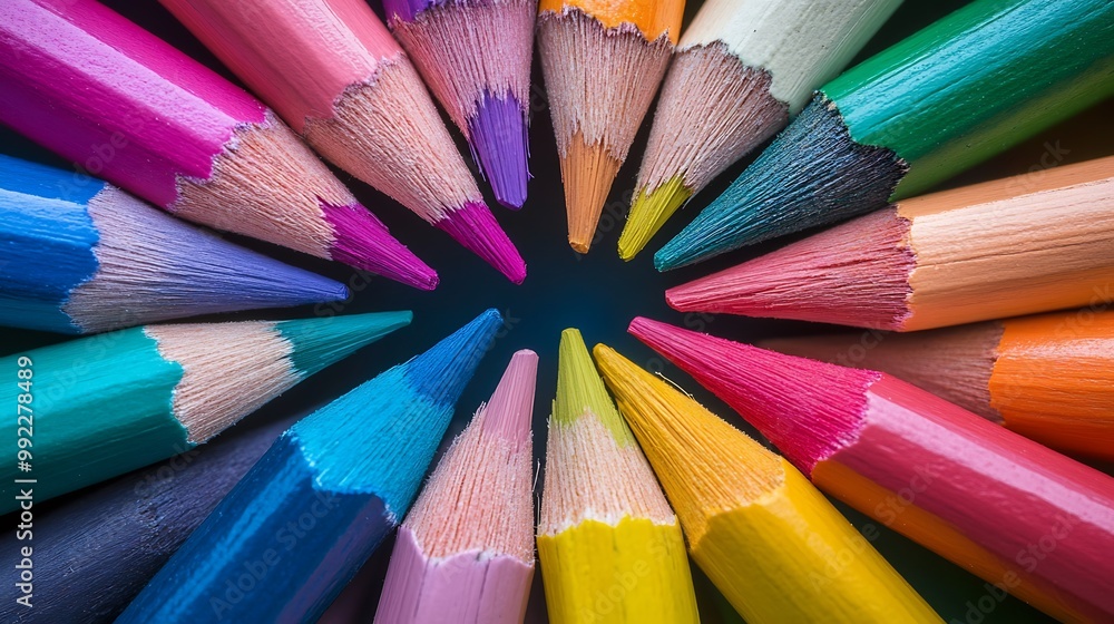 Colorful pencils arranged in a circle on a dark blue background Colorful pencils arranged in a circle on a dark blue background