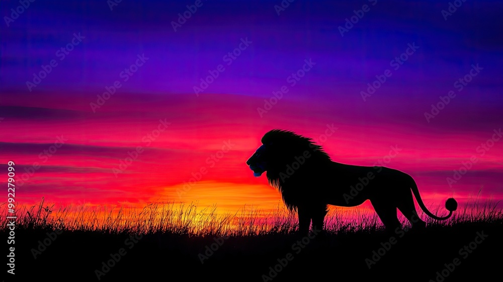 A powerful lion silhouetted by the vibrant colors of a sunset, symbolizing the Lion of Judah, representing courage, faith, and strength. A powerful lion silhouetted by the vibrant colors of a sunset, symbolizing the Lion of Judah, representing courage, faith, and strength.