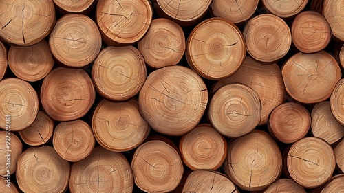 A large pile of wood logs, with some of them being cut in half photo