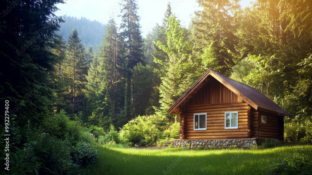A log cabin in the woods with a porch and a window A log cabin in the woods with a porch and a window