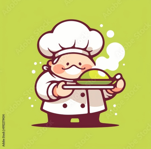 Chef Logo with Steam Rising from a Platter in Simple Green and Black Lines on a White Background