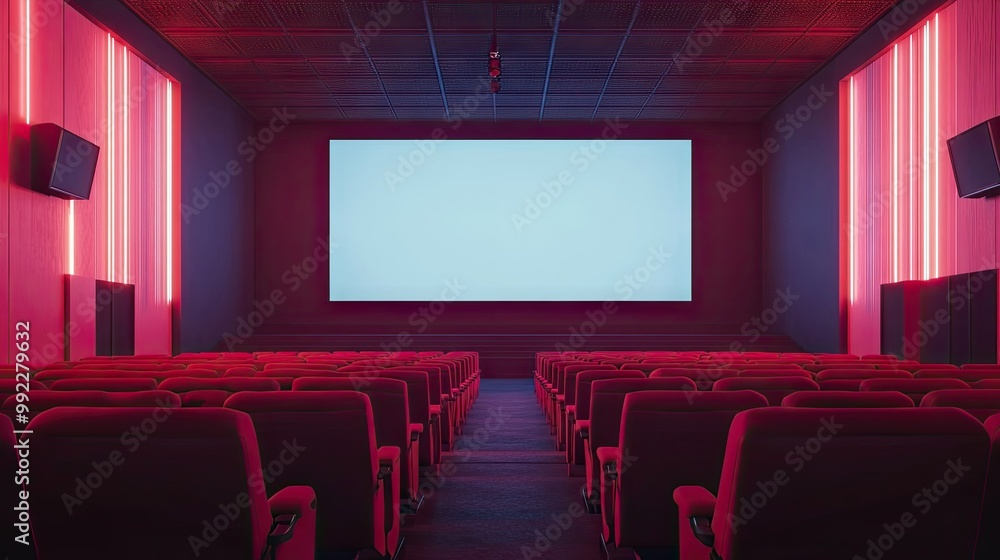 A quiet cinema hall with plush red seats, a large blank screen ready for a film, and soft ambient lighting creating a cinematic mood. A quiet cinema hall with plush red seats, a large blank screen ready for a film, and soft ambient lighting creating a cinematic mood.