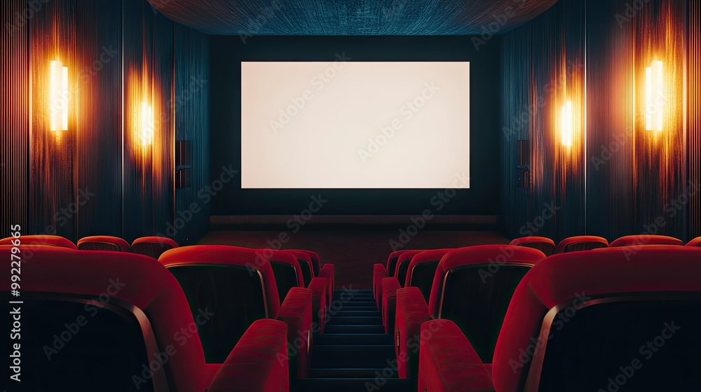 Fototapeta premium A quiet cinema hall with plush red seats, a large blank screen ready for a film, and soft ambient lighting creating a cinematic mood.
