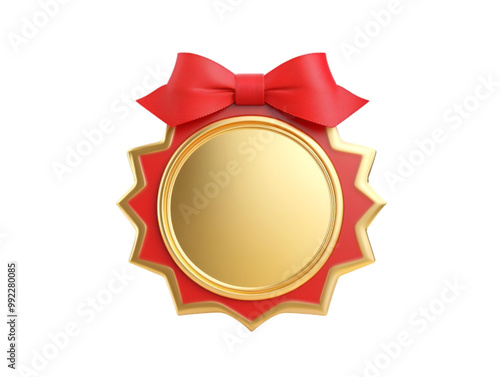 Realistic golden badge with red ribbon isolated on white background 22091037 01 3d gold metal button png die cut concept photo