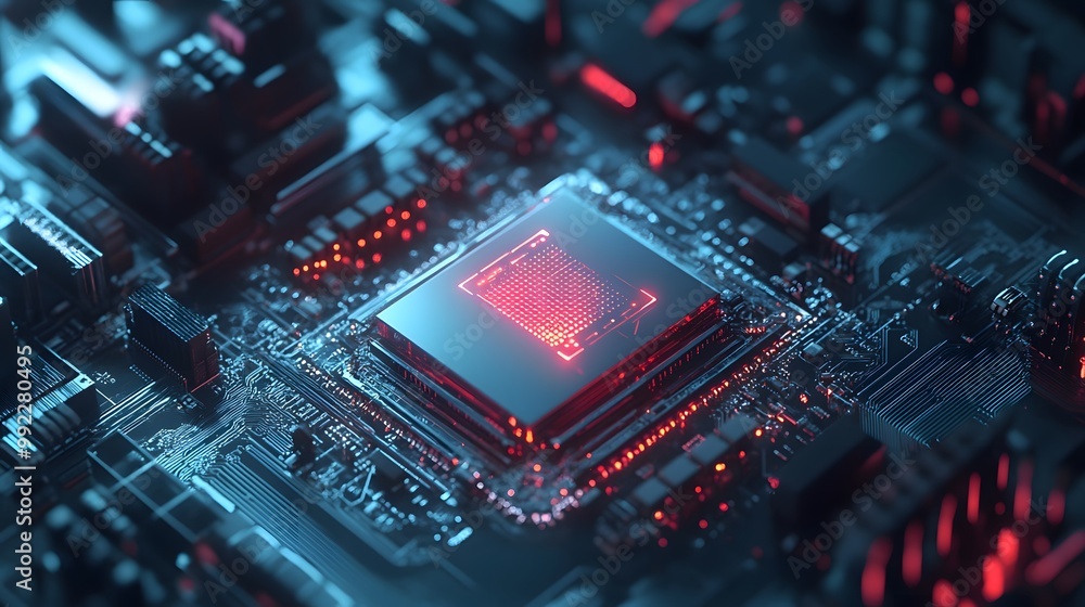 Close-up of a glowing red CPU on a dark motherboard Close-up of a glowing red CPU on a dark motherboard