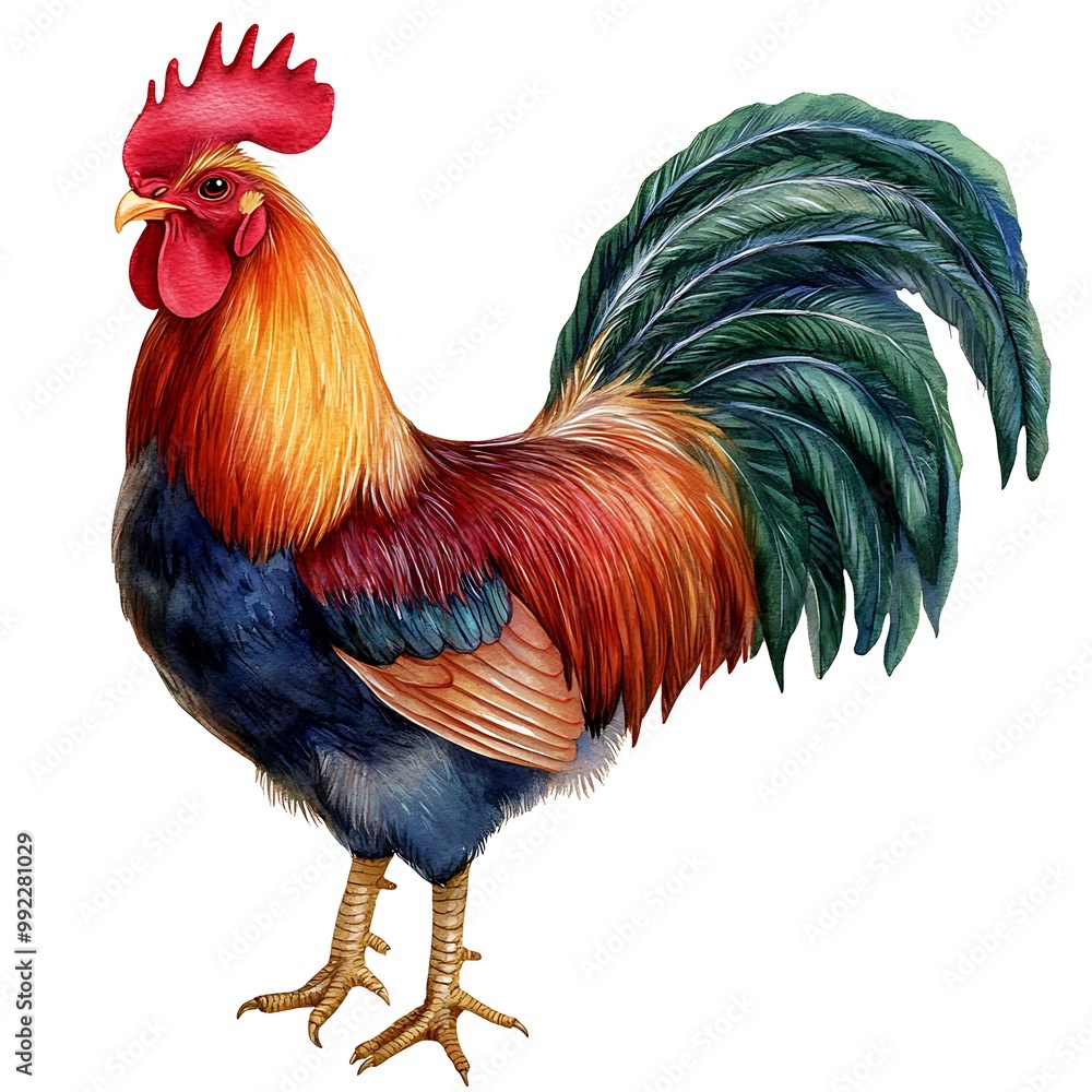 Fototapeta premium Watercolor Illustration of a Colorful Rooster with a Striking Tail.