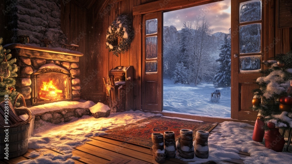 Obraz premium Cozy Cabin Interior with a Winter Wonderland View and a Warm Fire