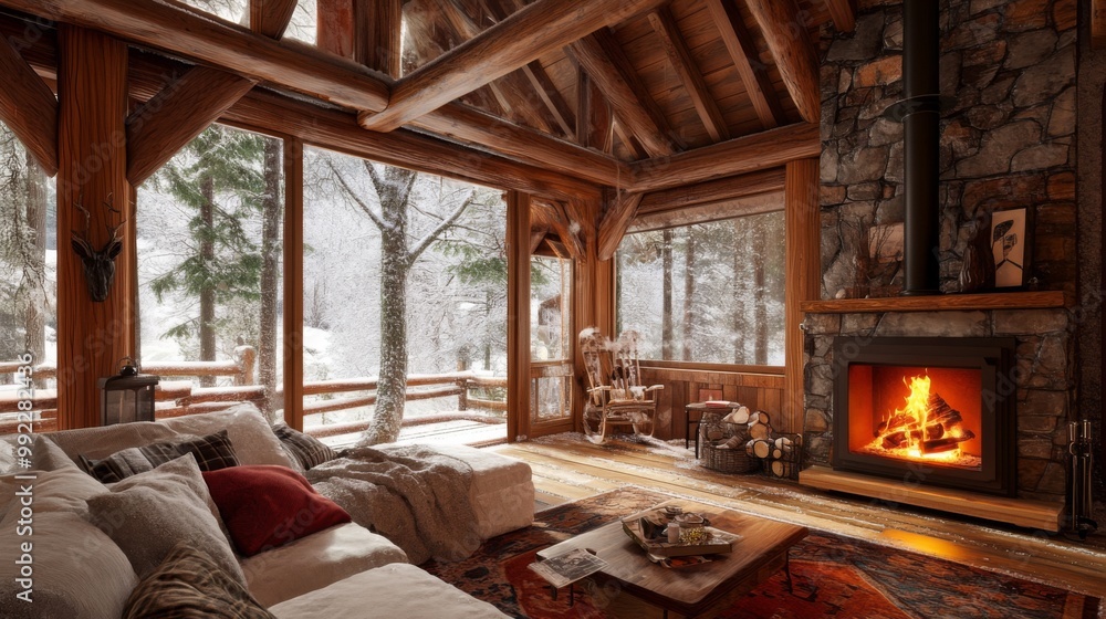Cozy Cabin Interior with a View of a Snowy Forest Cozy Cabin Interior with a View of a Snowy Forest