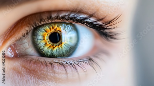 Close-up of a green human eye with an intricate iris pattern