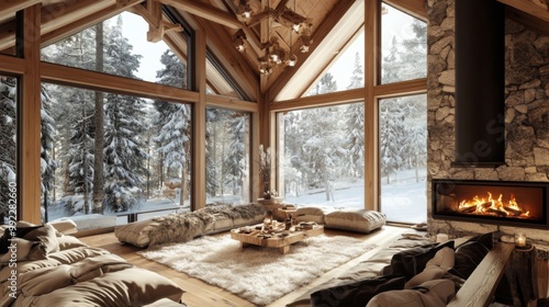 Cozy Cabin Interior with Fireplace and Snow-Covered Forest View