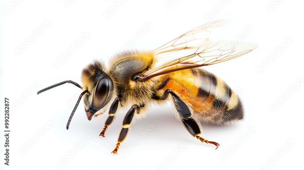 A bee is standing on a white background A bee is standing on a white background