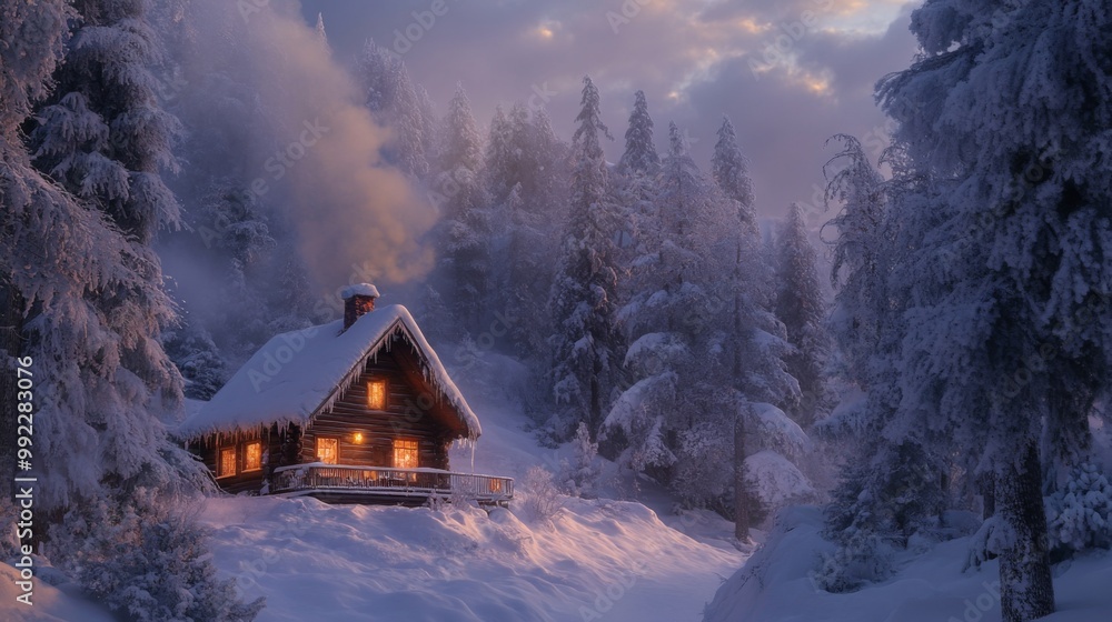 A Cozy Cabin Nestled in a Snowy Forest at Dusk A Cozy Cabin Nestled in a Snowy Forest at Dusk