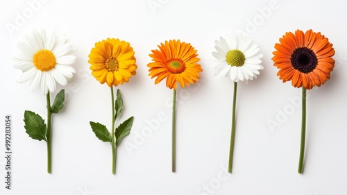 A row of five flowers, including white and orange daisies