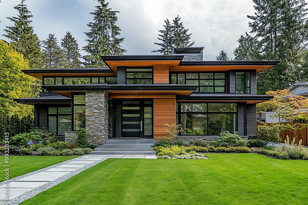Modern home with sleek design and landscaped garden. Modern home with sleek design and landscaped garden.