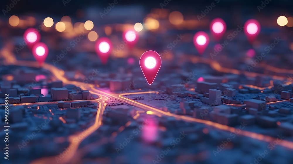 Map with location markers and illuminated streets.