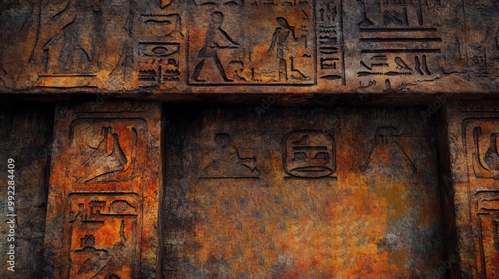 Close-up of ancient-style hieroglyphics carved into a weathered stone wall, simulating intricate symbols and figures