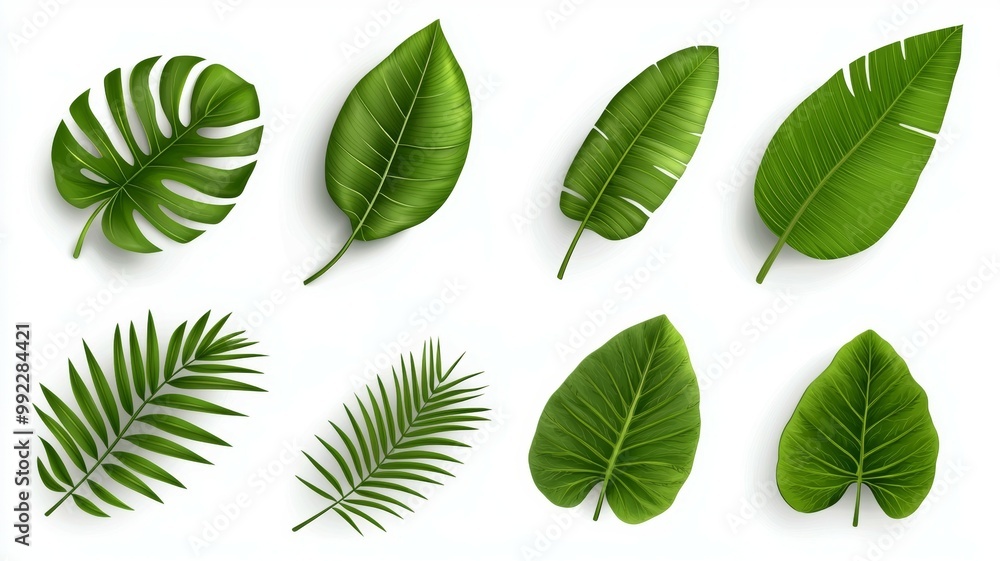 A set of green leaves with varying shapes and sizes A set of green leaves with varying shapes and sizes