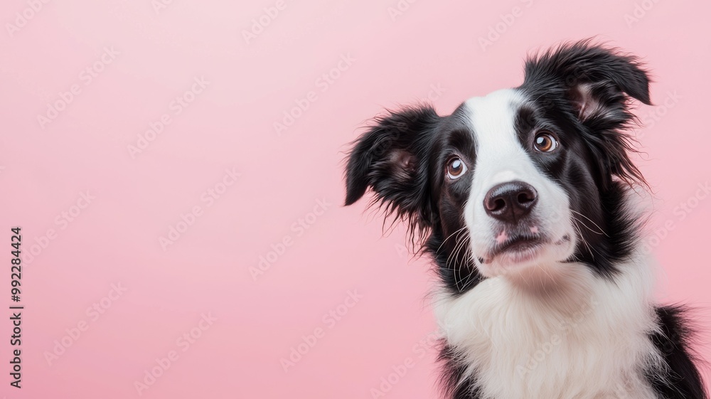 A black and white dog with a pink background A black and white dog with a pink background