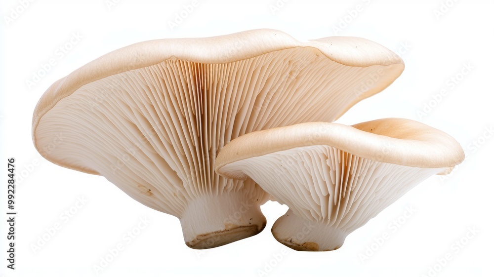 Two large white mushrooms are shown on a white background Two large white mushrooms are shown on a white background