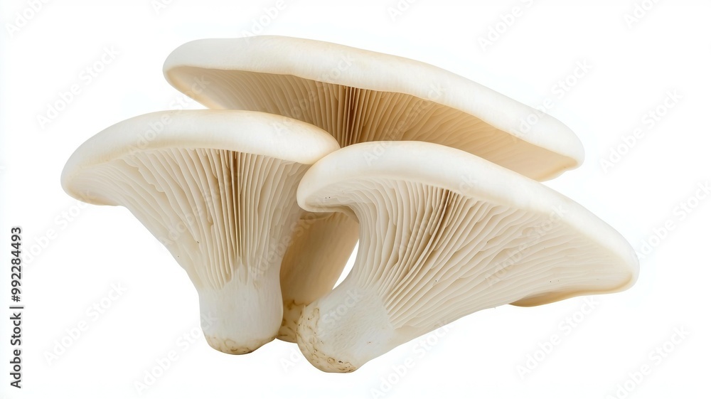 Three white mushrooms are displayed on a white background Three white mushrooms are displayed on a white background