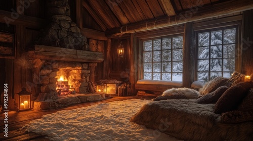 Cozy Cabin Interior with Fireplace, Lanterns, and Snowy View