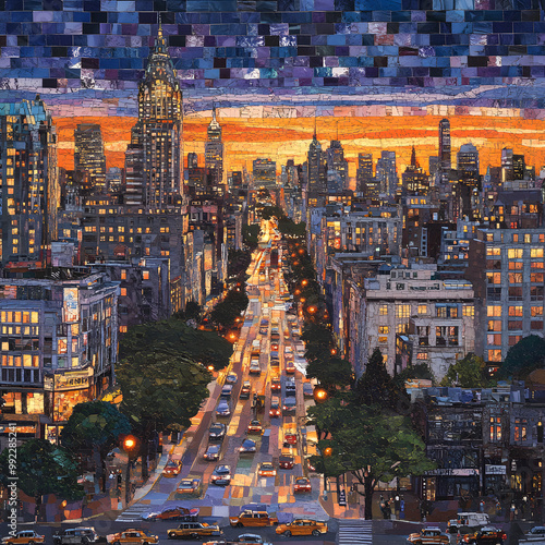 Vibrant Cityscape Mosaic Illuminated by Dusk: Urban Life Captured in Art