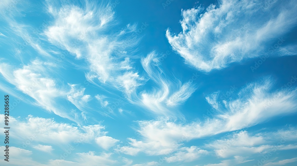A tranquil scene with cirrus clouds, wispy and thin, high in the sky on a clear day, symbolizing fair weather. A tranquil scene with cirrus clouds, wispy and thin, high in the sky on a clear day, symbolizing fair weather.