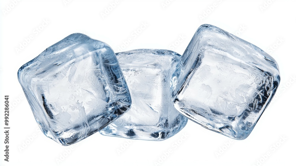 Three ice cubes are shown on a white background Three ice cubes are shown on a white background