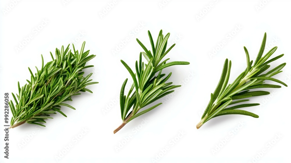 Three green leaves of rosemary are shown in a row Three green leaves of rosemary are shown in a row
