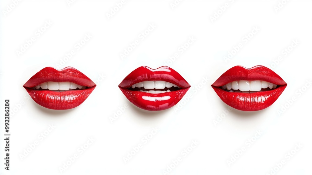 Three red lips with a white background Three red lips with a white background
