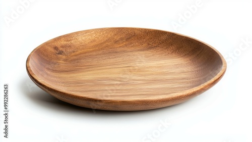 A wooden plate is sitting on a white background