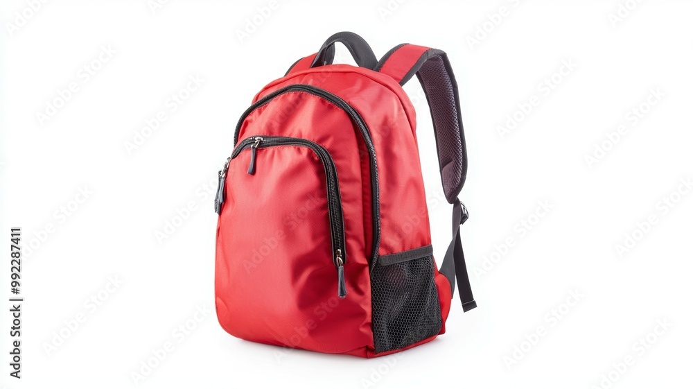 A red backpack with a black zipper pocket A red backpack with a black zipper pocket
