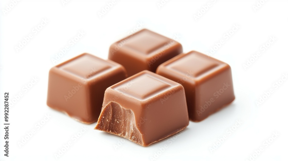 A close up of four chocolate squares with one of them missing A close up of four chocolate squares with one of them missing