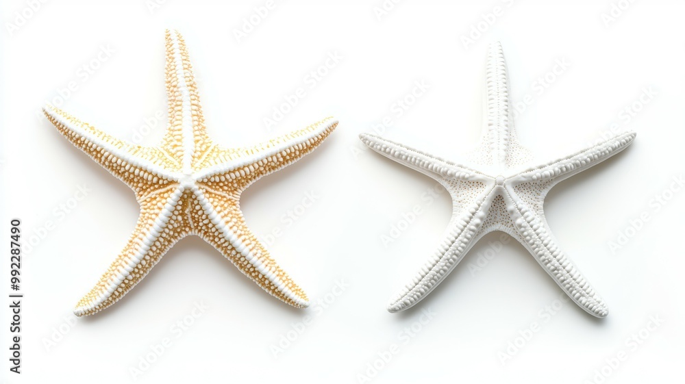 Two starfish are shown side by side, one is white and the other is gold Two starfish are shown side by side, one is white and the other is gold