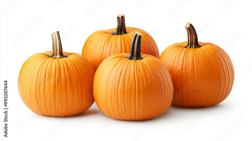 Four orange pumpkins are sitting on a white background Four orange pumpkins are sitting on a white background