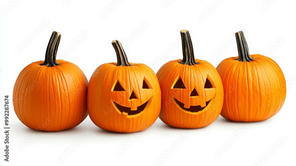 Four pumpkins with faces on them Four pumpkins with faces on them