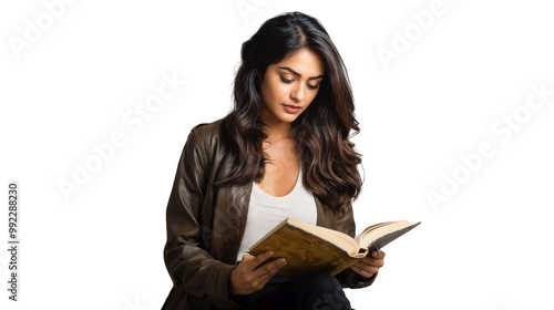 Woman reading a book for study, isolated on white background