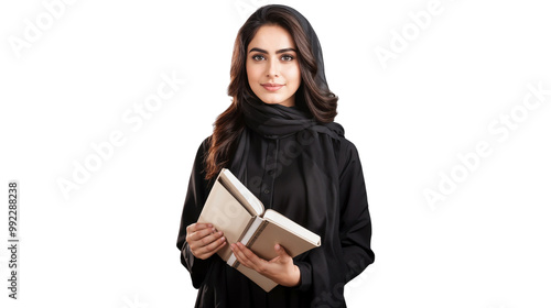 Portrait of a beautiful, smiling Middle Eastern woman holding a book, isolated on transparent background