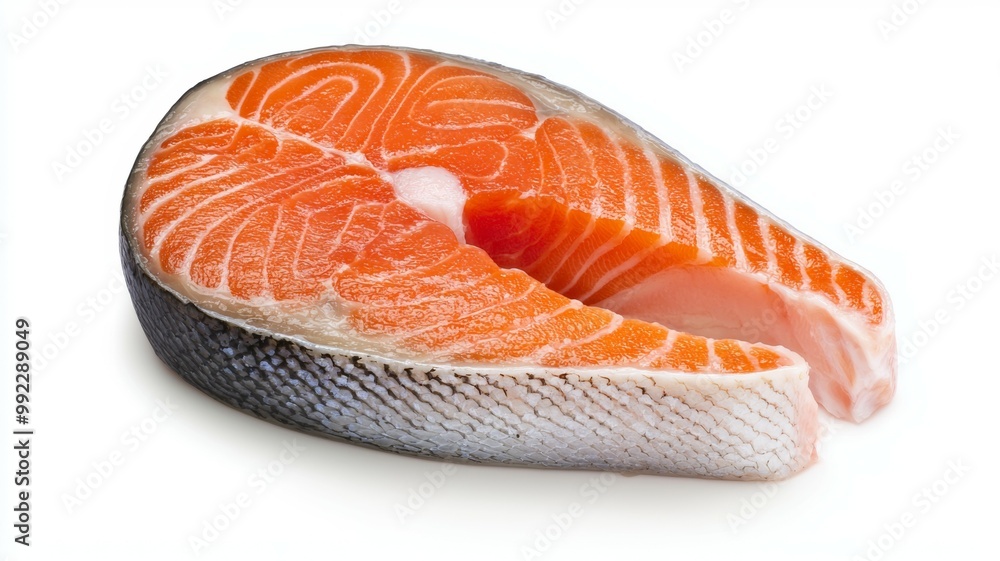 A piece of salmon is cut in half and is displayed on a white background A piece of salmon is cut in half and is displayed on a white background